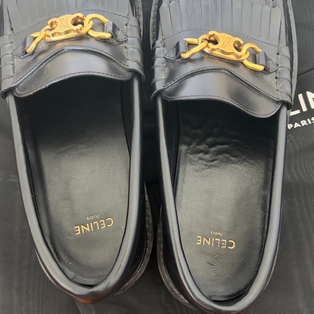 Celine Margaret Triomphe Black Leather Loafers with Gold Accent size 40 us 9 - Picture 5 of 13